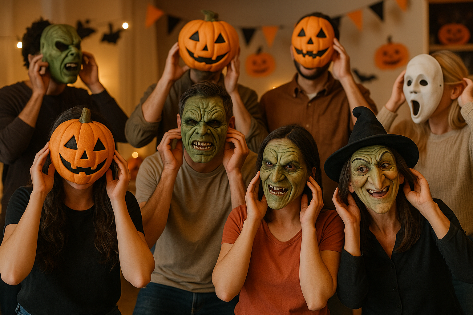 Men and women putting halloween mask on face